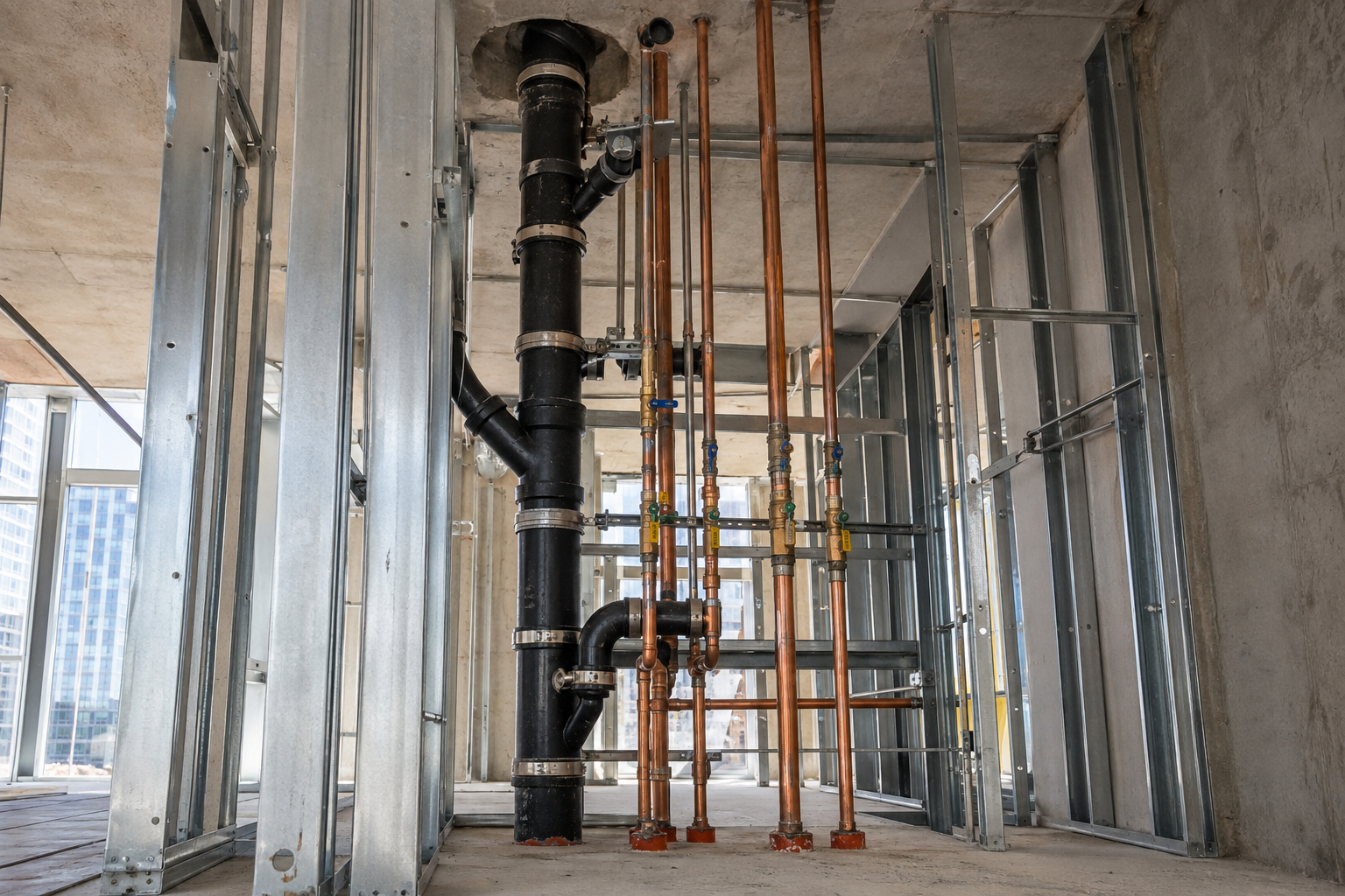 Vertical cast-iron waste stack and copper water risers